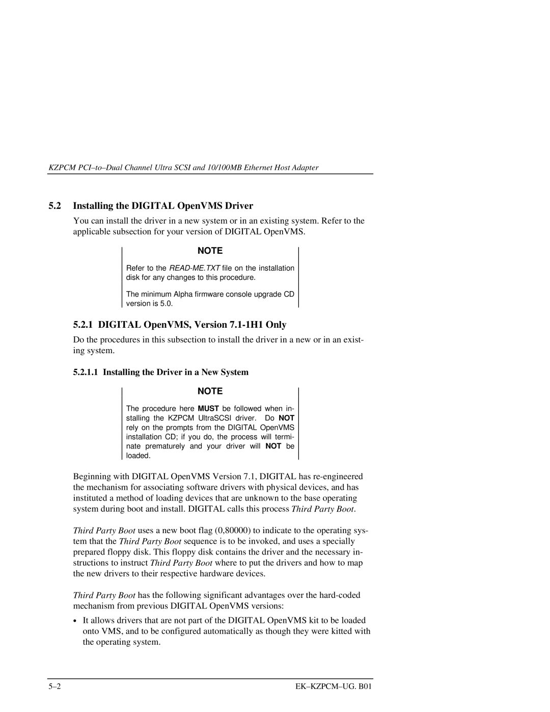 Intel EK-KZPCM-UG manual Installing the Digital OpenVMS Driver, Digital OpenVMS, Version 7.1-1H1 Only 