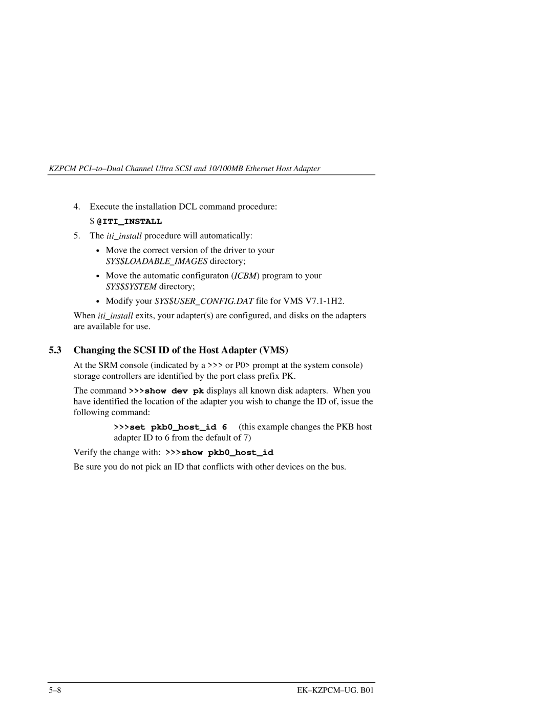 Intel EK-KZPCM-UG manual Changing the Scsi ID of the Host Adapter VMS 