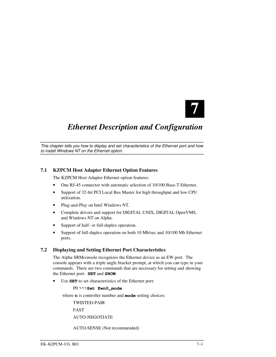 Intel EK-KZPCM-UG Ethernet Description and Configuration, Kzpcm Host Adapter Ethernet Option Features, P0 Set Ewn0mode 