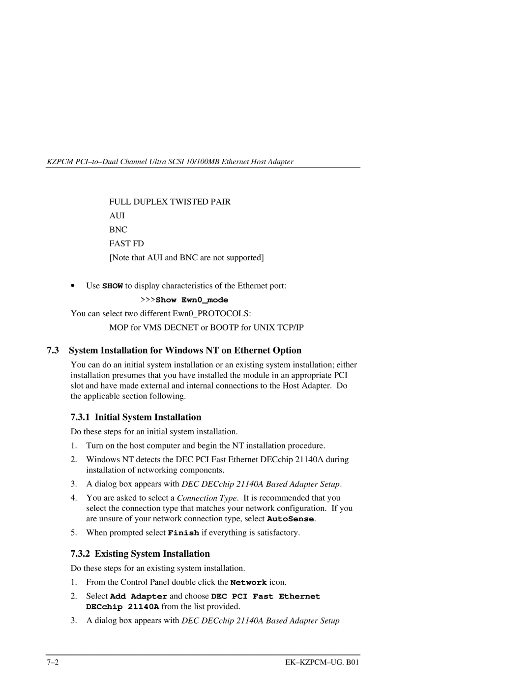 Intel EK-KZPCM-UG manual System Installation for Windows NT on Ethernet Option, Initial System Installation, Show Ewn0mode 