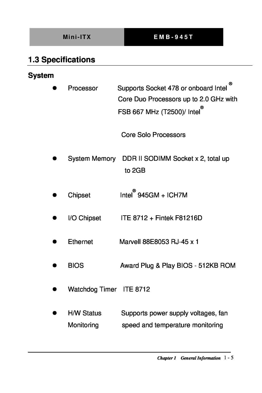 Intel EMB-945T manual Specifications, System 