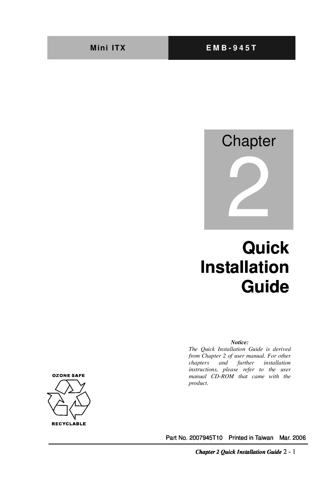 Intel EMB-945T manual Quick Installation Guide, Chapter, Mini ITX, E M B - 9 4 5 T 