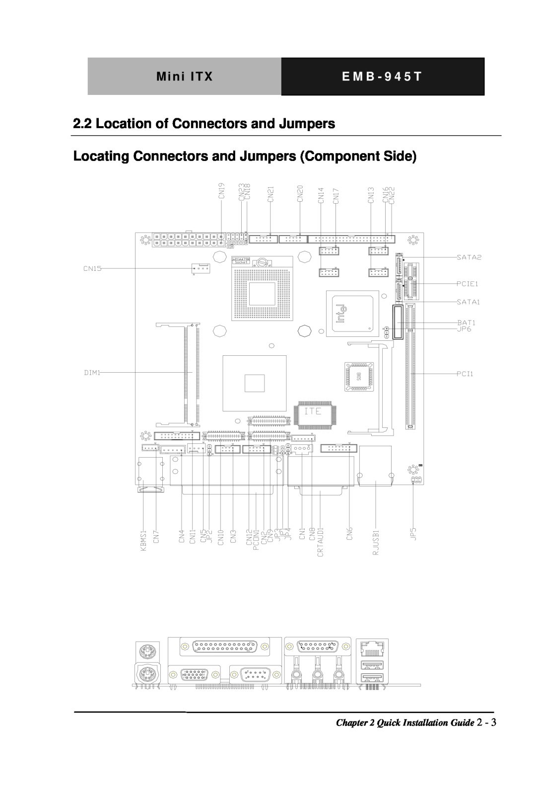 Intel EMB-945T manual Location of Connectors and Jumpers, Locating Connectors and Jumpers Component Side, Mini ITX 