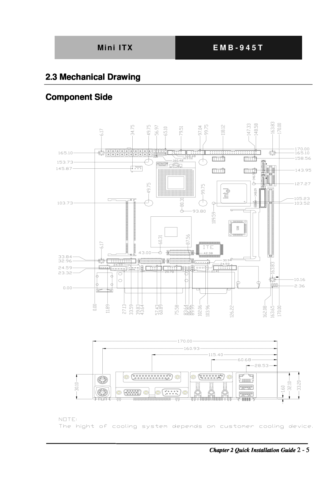 Intel EMB-945T manual 2.3Mechanical Drawing Component Side, Mini ITX, E M B - 9 4 5 T, Quick Installation Guide 