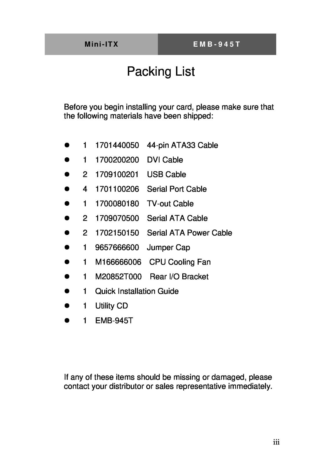 Intel EMB-945T manual Packing List 