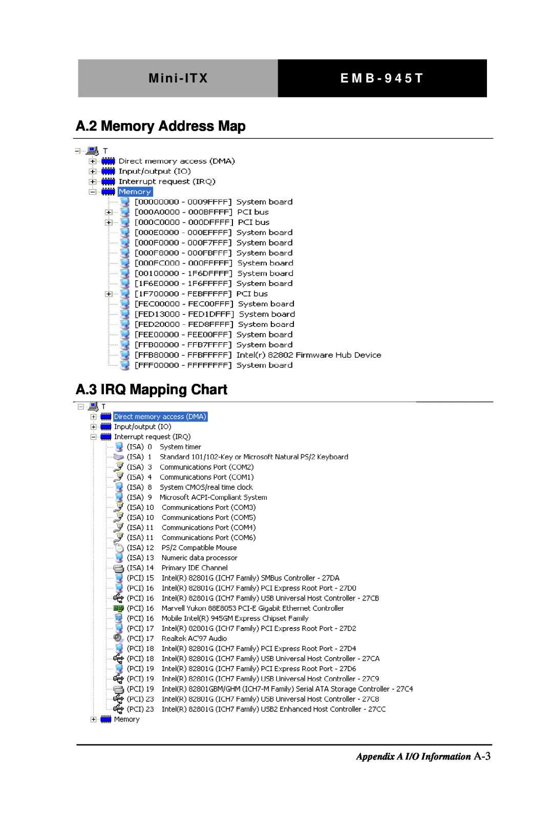 Intel EMB-945T A.2 Memory Address Map A.3 IRQ Mapping Chart, Mini - ITX, E M B - 9 4 5 T, Appendix A I/O Information A-3 