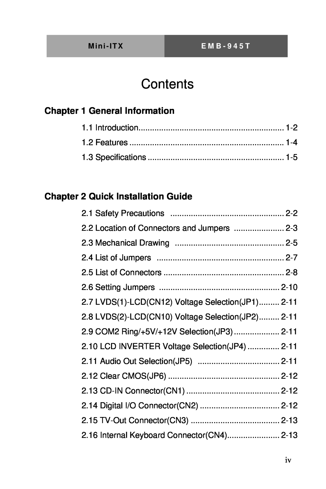 Intel EMB-945T manual Contents, General Information, Quick Installation Guide 