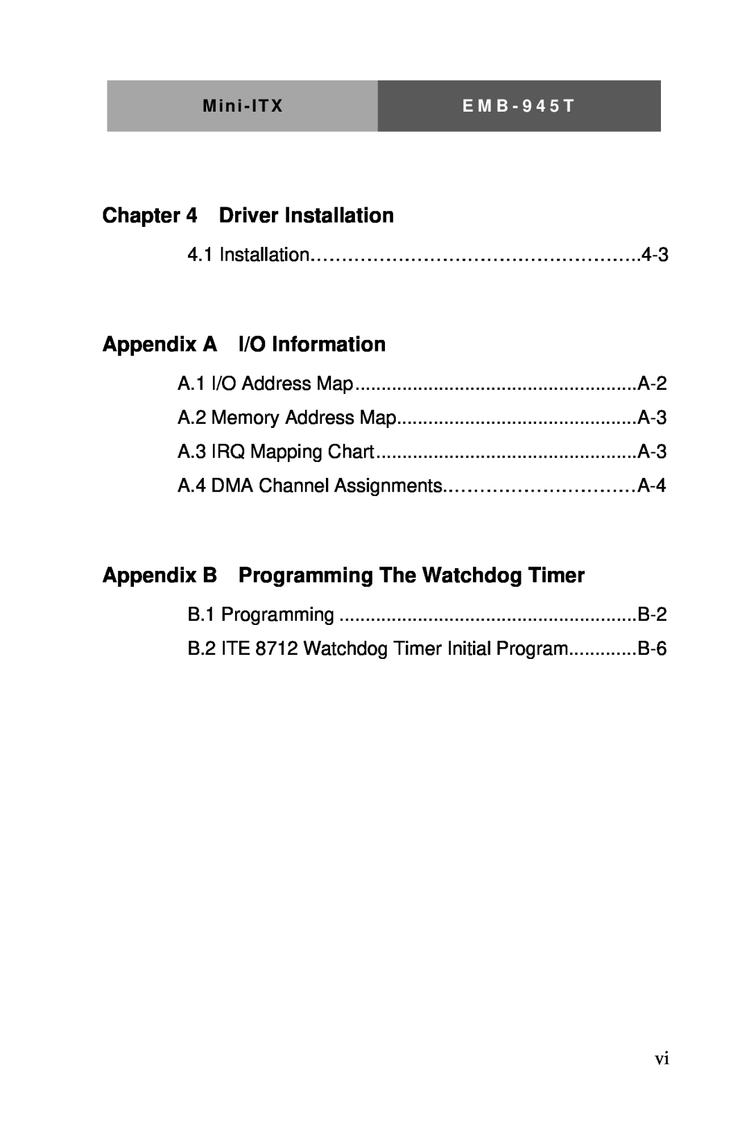 Intel EMB-945T manual Chapter, Driver Installation, Appendix A, I/O Information, Appendix B Programming The Watchdog Timer 