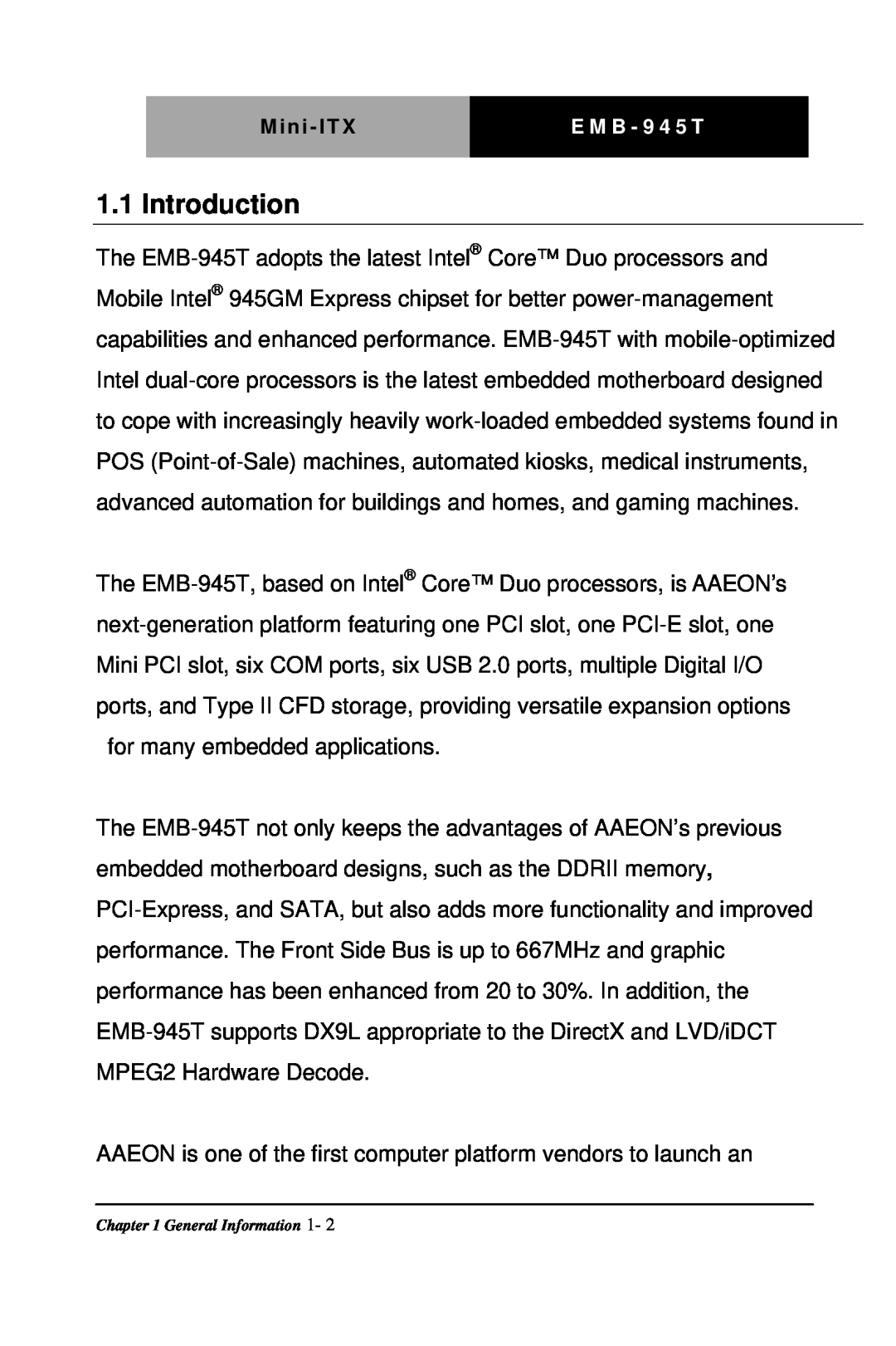 Intel EMB-945T manual Introduction 