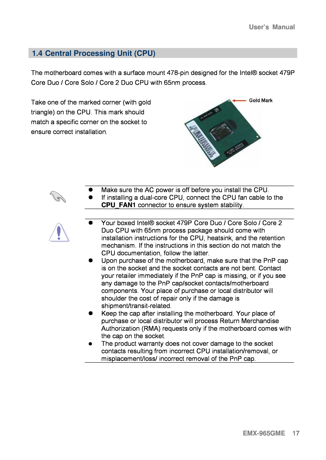 Intel user manual Central Processing Unit CPU, EMX-965GME17, User’s Manual 