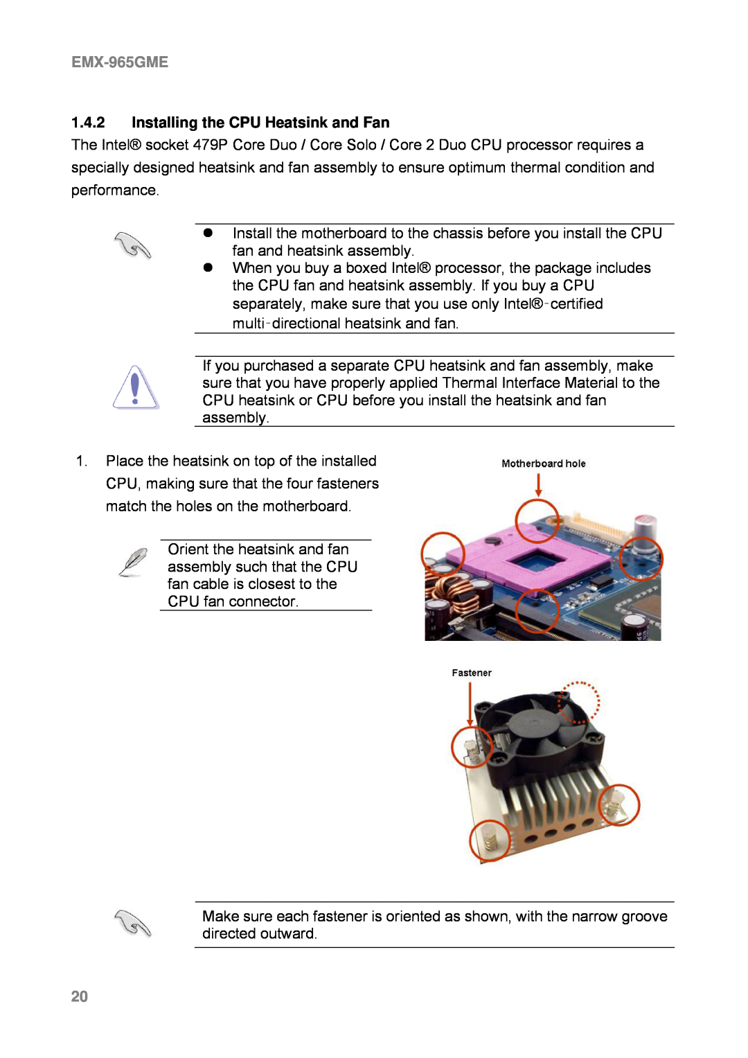Intel EMX-965GME user manual 1.4.2Installing the CPU Heatsink and Fan 