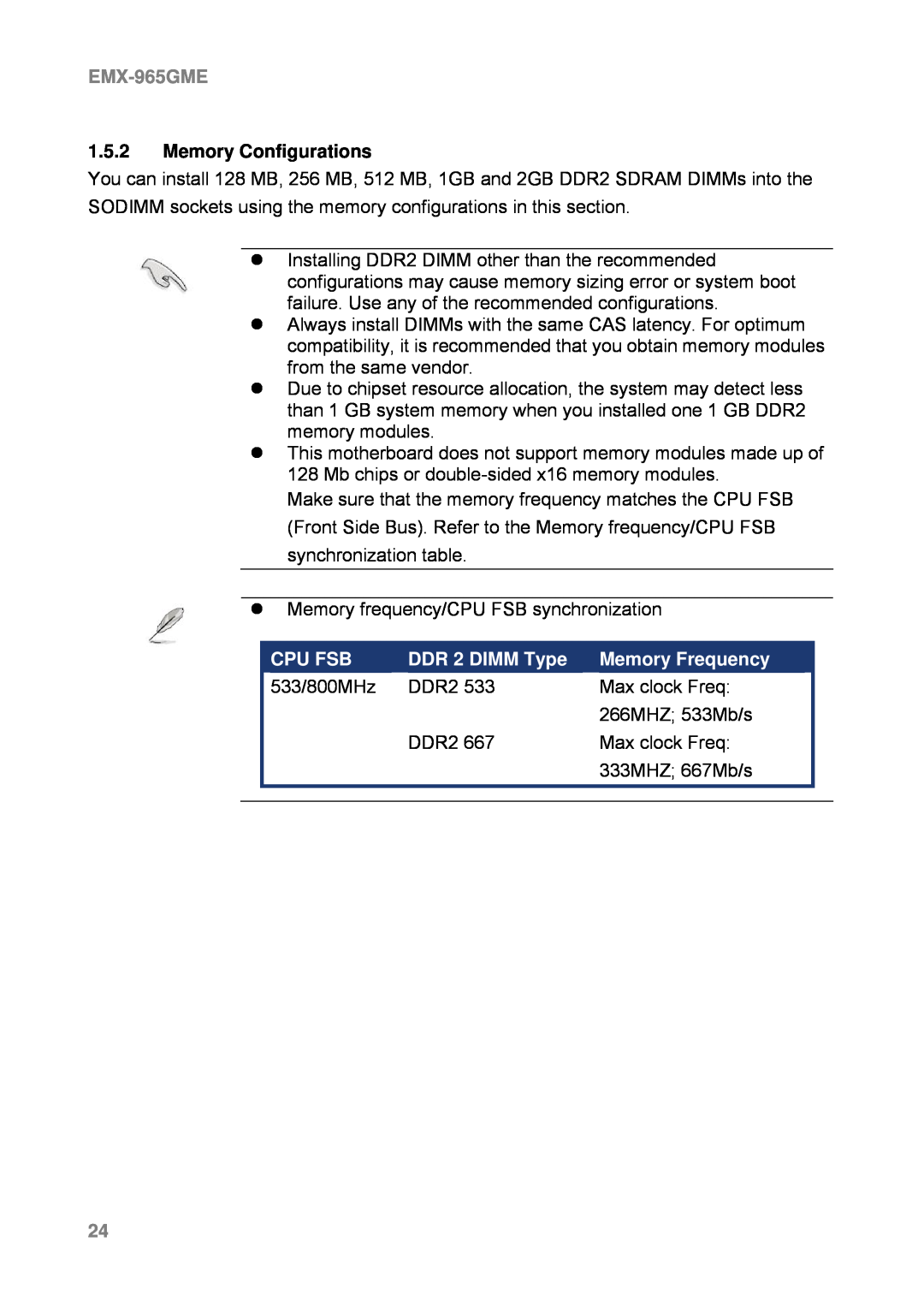 Intel EMX-965GME user manual 1.5.2Memory Configurations, Cpu Fsb, DDR 2 DIMM Type, Memory Frequency 