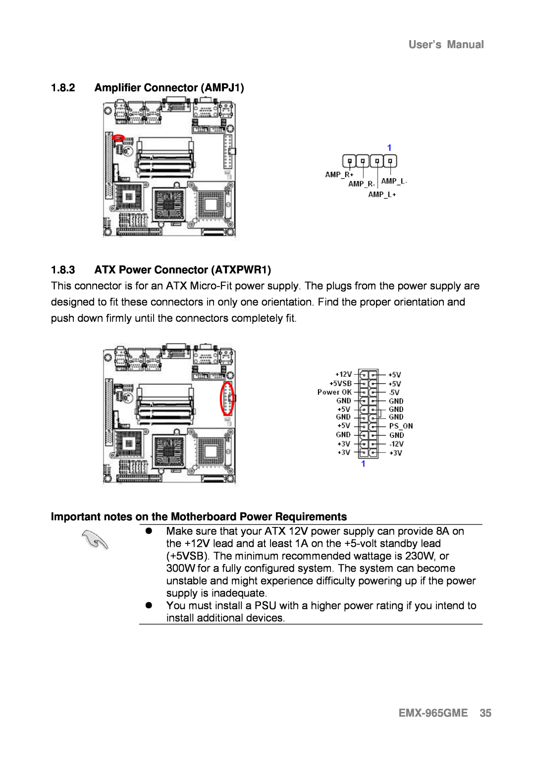 Intel user manual 1.8.2Amplifier Connector AMPJ1, 1.8.3ATX Power Connector ATXPWR1, EMX-965GME35, User’s Manual 