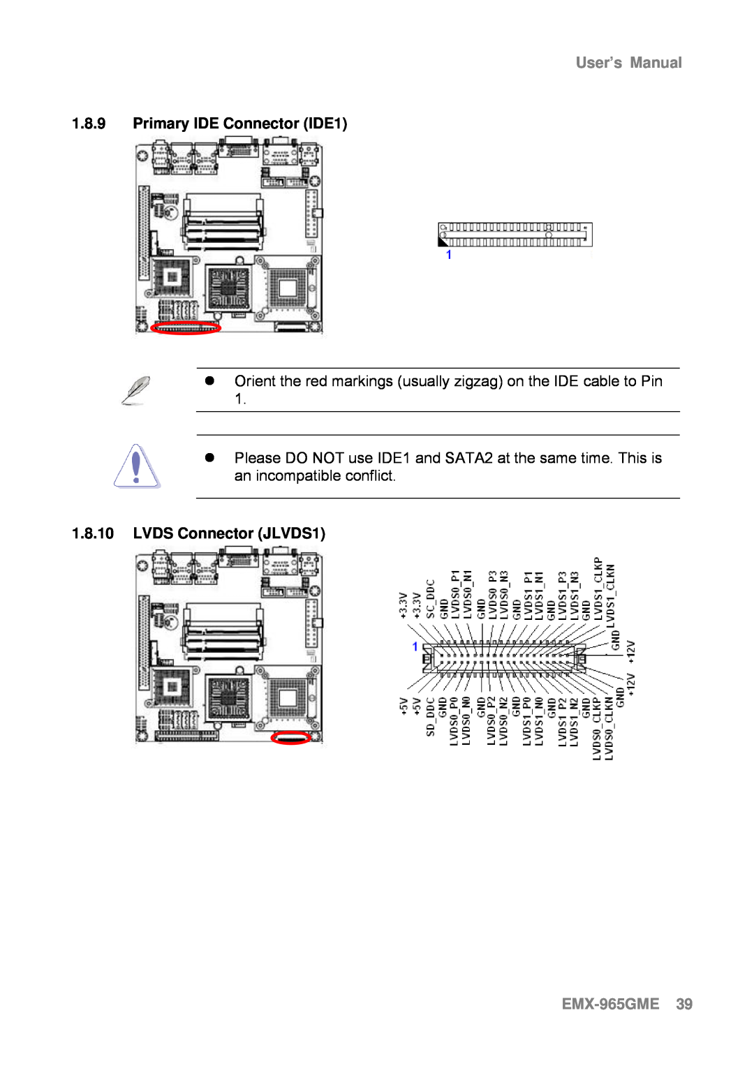 Intel user manual 1.8.9Primary IDE Connector IDE1, 1.8.10LVDS Connector JLVDS1, EMX-965GME39, User’s Manual 