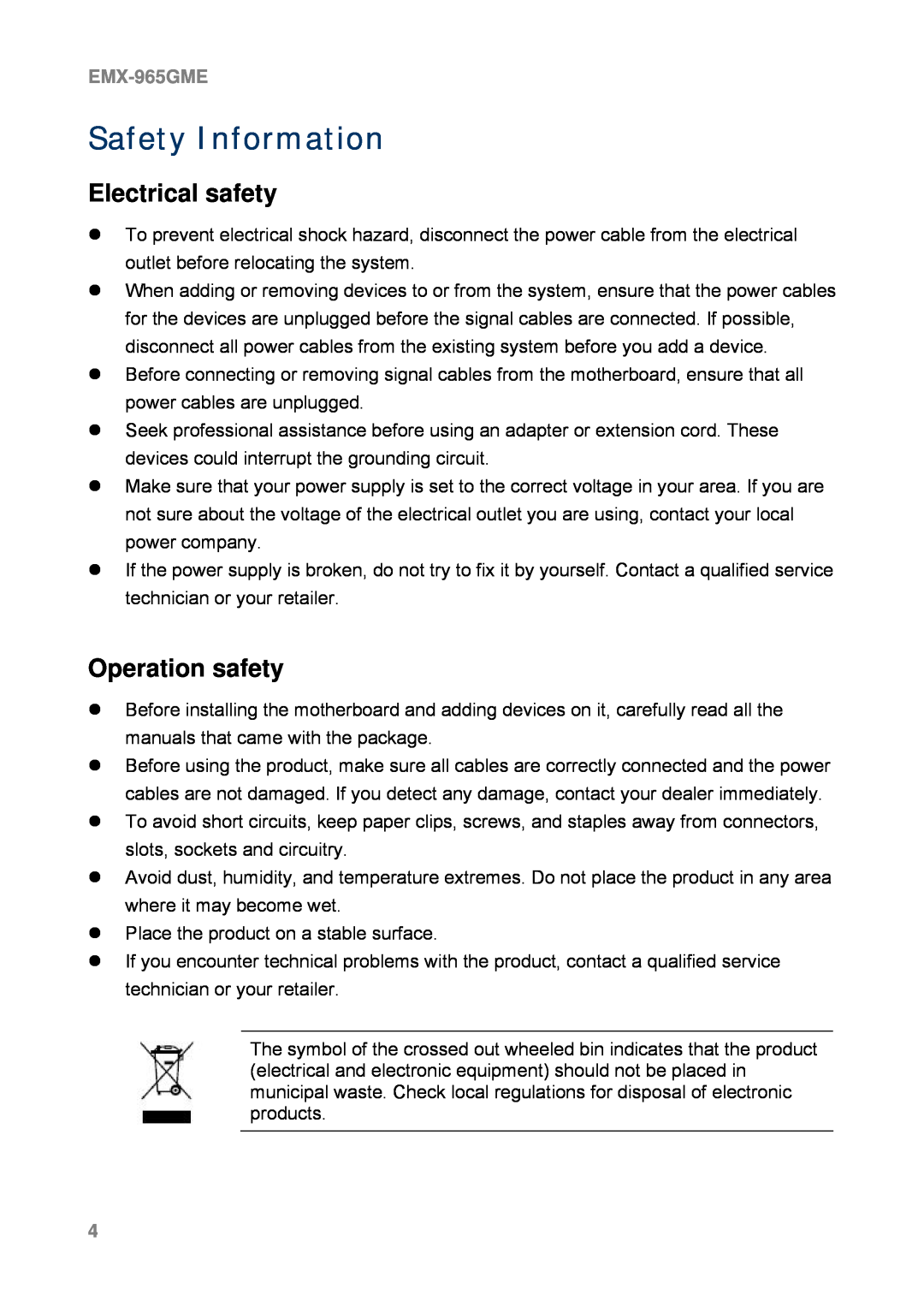 Intel EMX-965GME user manual Safety Information, Electrical safety, Operation safety 