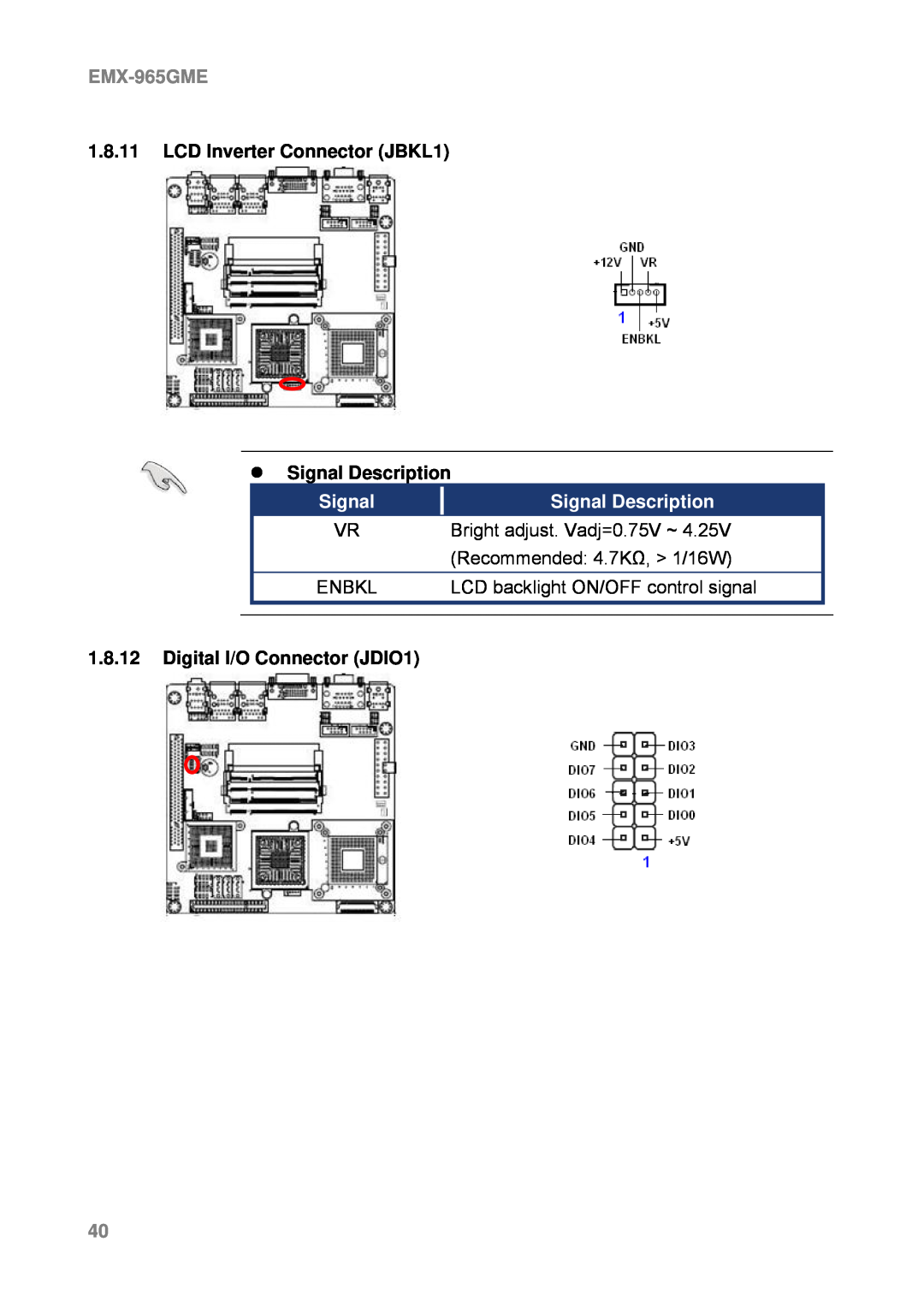 Intel EMX-965GME 1.8.11LCD Inverter Connector JBKL1, zSignal Description, 1.8.12Digital I/O Connector JDIO1, Enbkl 