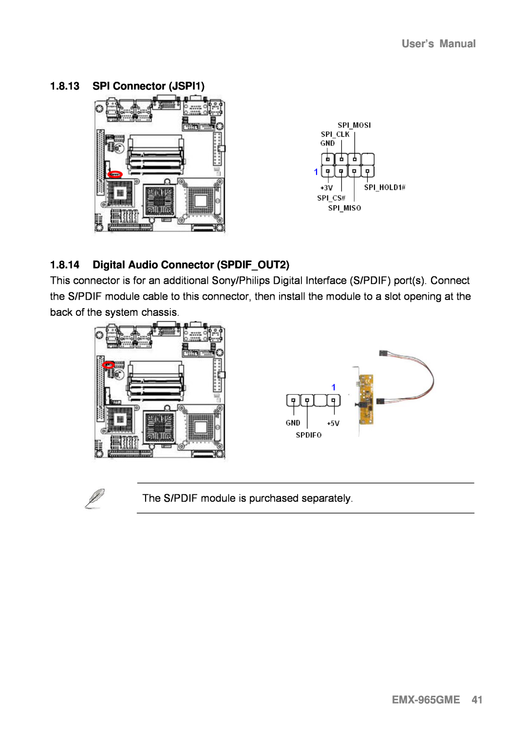 Intel user manual 1.8.13SPI Connector JSPI1, 1.8.14Digital Audio Connector SPDIF_OUT2, EMX-965GME41, User’s Manual 