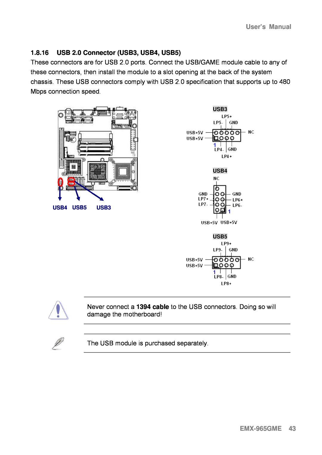 Intel user manual 1.8.16USB 2.0 Connector USB3, USB4, USB5, EMX-965GME43, User’s Manual 