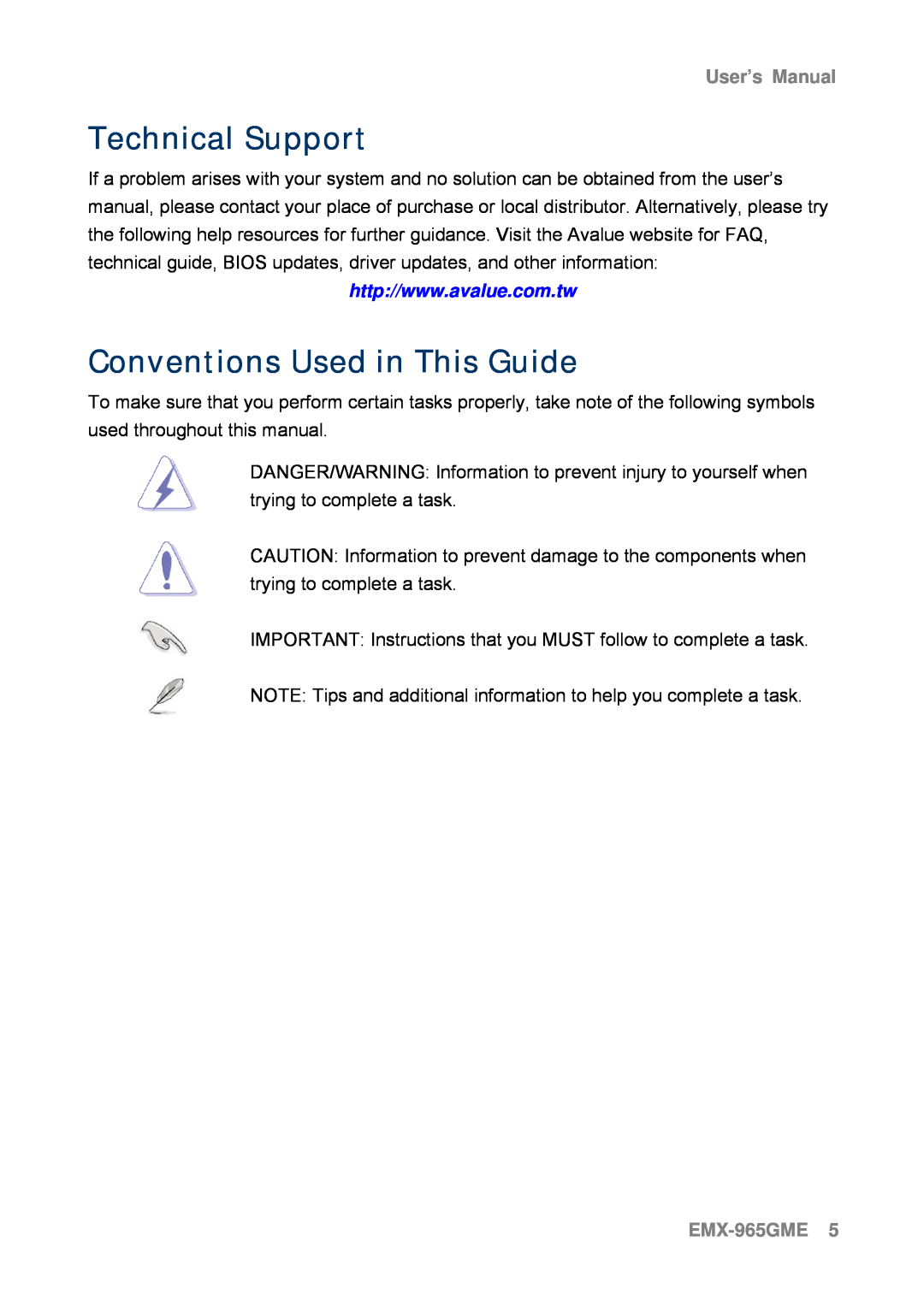 Intel user manual Technical Support, Conventions Used in This Guide, EMX-965GME5, User’s Manual 