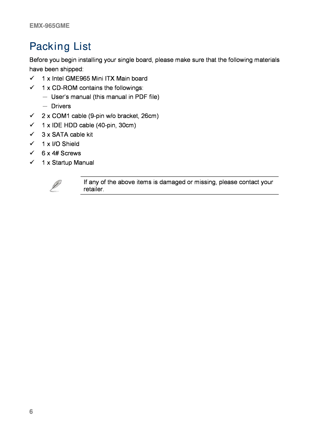 Intel EMX-965GME user manual Packing List 