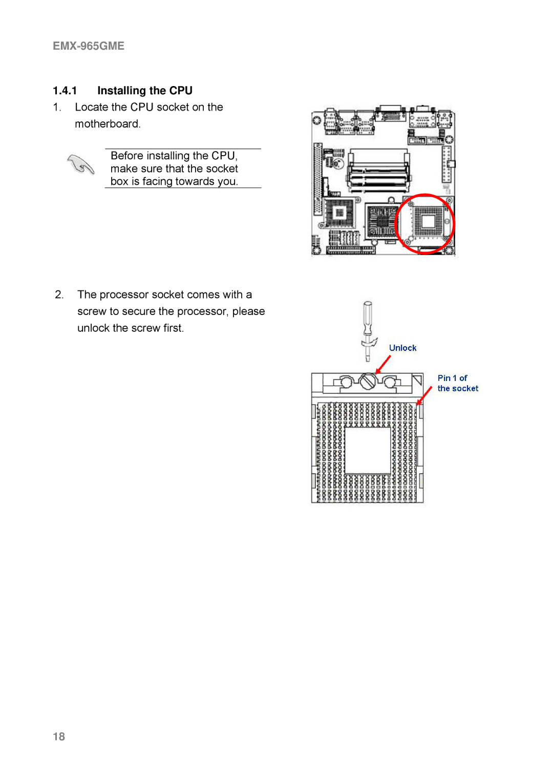 Intel EMX-965GME user manual Installing the CPU 