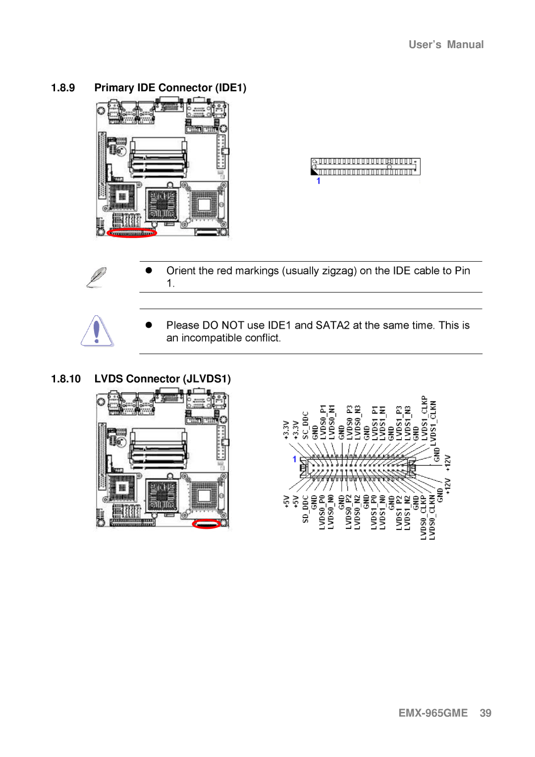 Intel EMX-965GME user manual Primary IDE Connector IDE1, Lvds Connector JLVDS1 