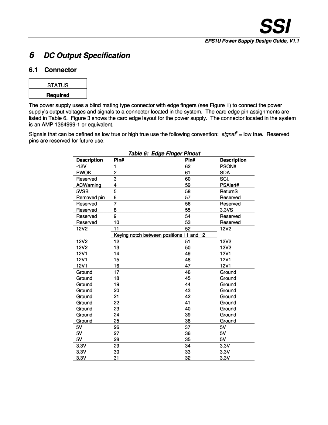 Intel EPS1U manual DC Output Specification, Connector, Edge Finger Pinout 