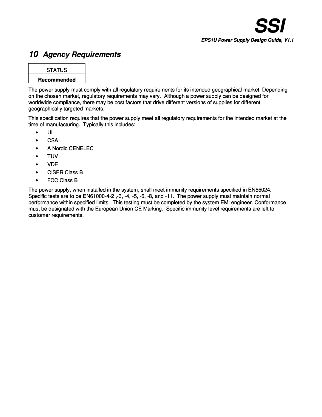 Intel EPS1U manual Agency Requirements 