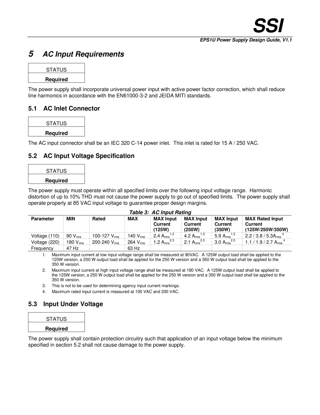 Intel EPS1U manual AC Input Requirements, AC Inlet Connector, AC Input Voltage Specification, Input Under Voltage 