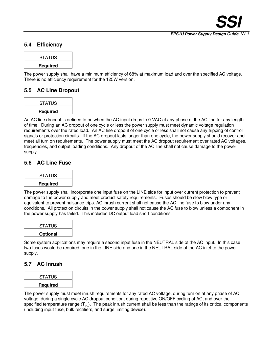 Intel EPS1U manual Efficiency, AC Line Dropout, AC Line Fuse, AC Inrush, Optional 