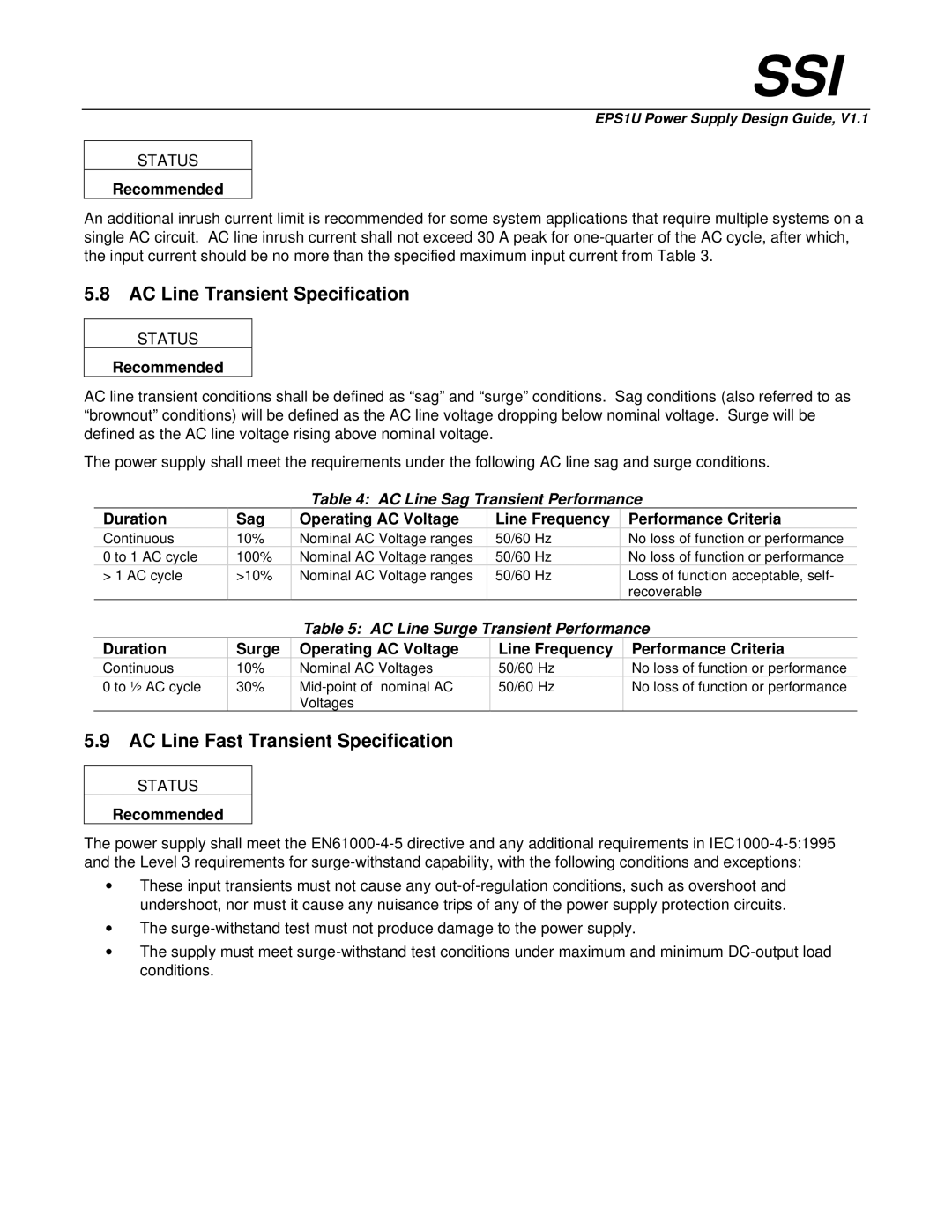 Intel EPS1U manual AC Line Transient Specification, AC Line Fast Transient Specification, AC Line Sag Transient Performance 