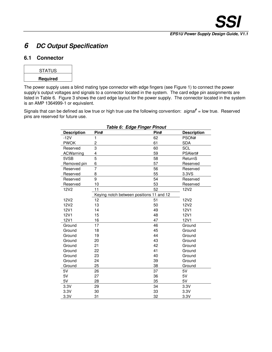 Intel EPS1U manual DC Output Specification, Connector, Edge Finger Pinout 