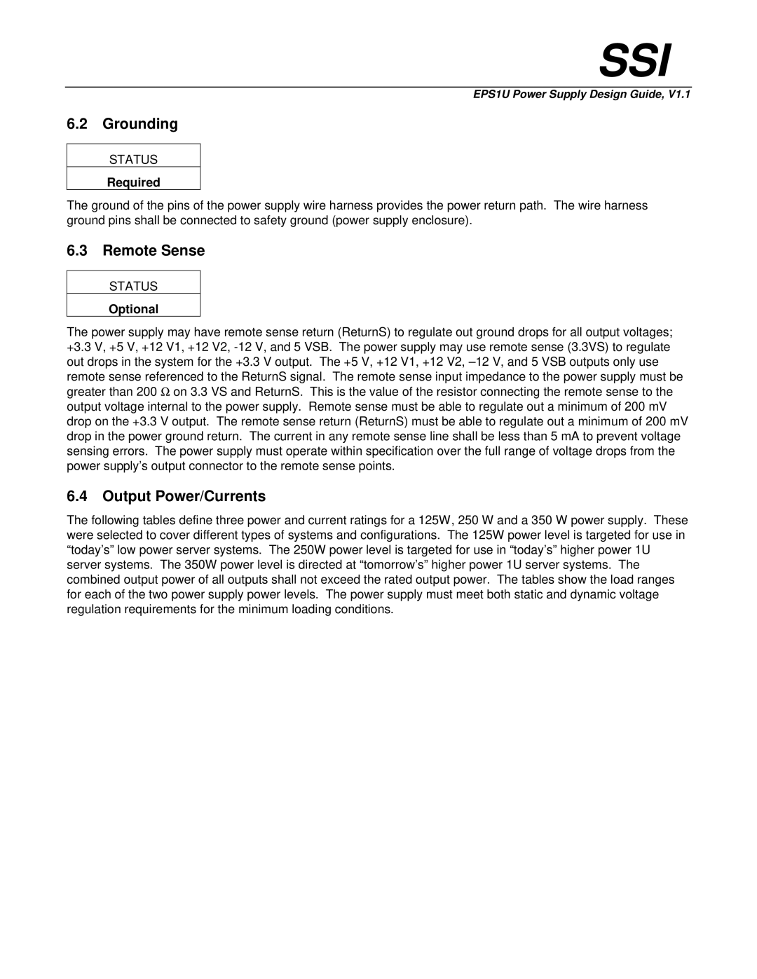 Intel EPS1U manual Grounding, Remote Sense, Output Power/Currents 