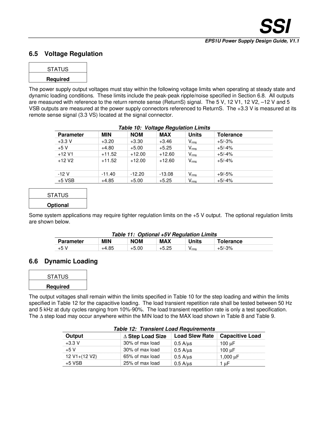 Intel EPS1U Dynamic Loading, Voltage Regulation Limits, Optional +5V Regulation Limits, Transient Load Requirements 