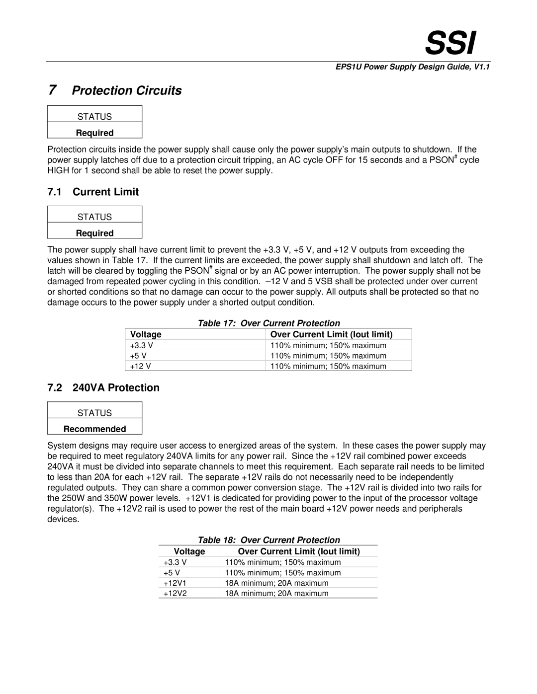 Intel EPS1U manual Protection Circuits, Current Limit, 240VA Protection, Over Current Protection 