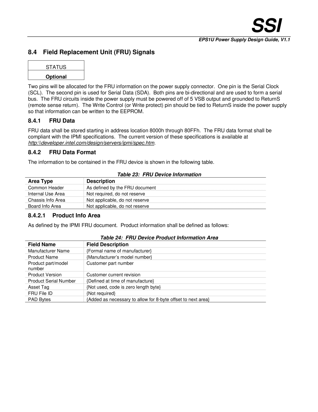 Intel EPS1U manual Field Replacement Unit FRU Signals, FRU Device Information, Area Type Description 