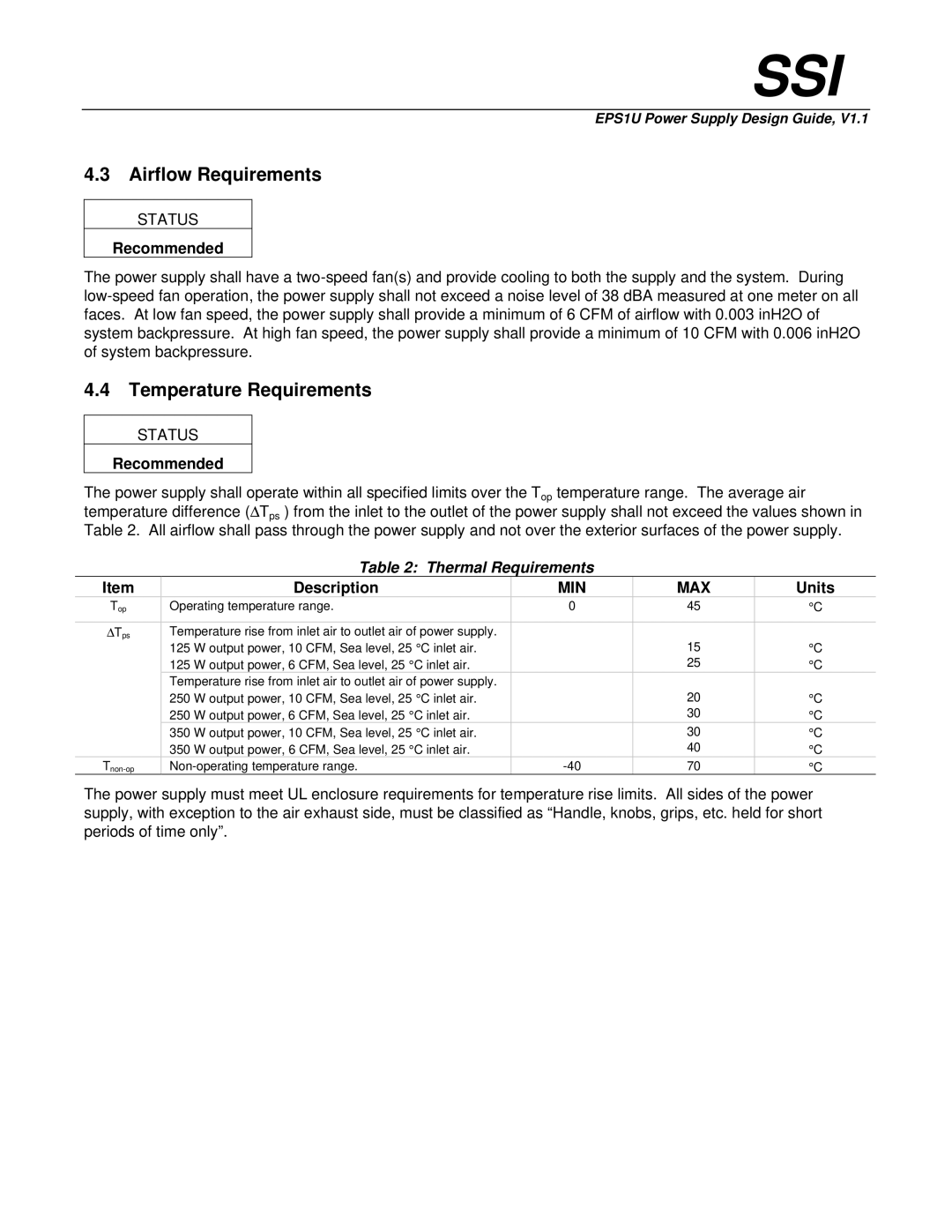 Intel EPS1U manual Airflow Requirements, Temperature Requirements, Thermal Requirements 