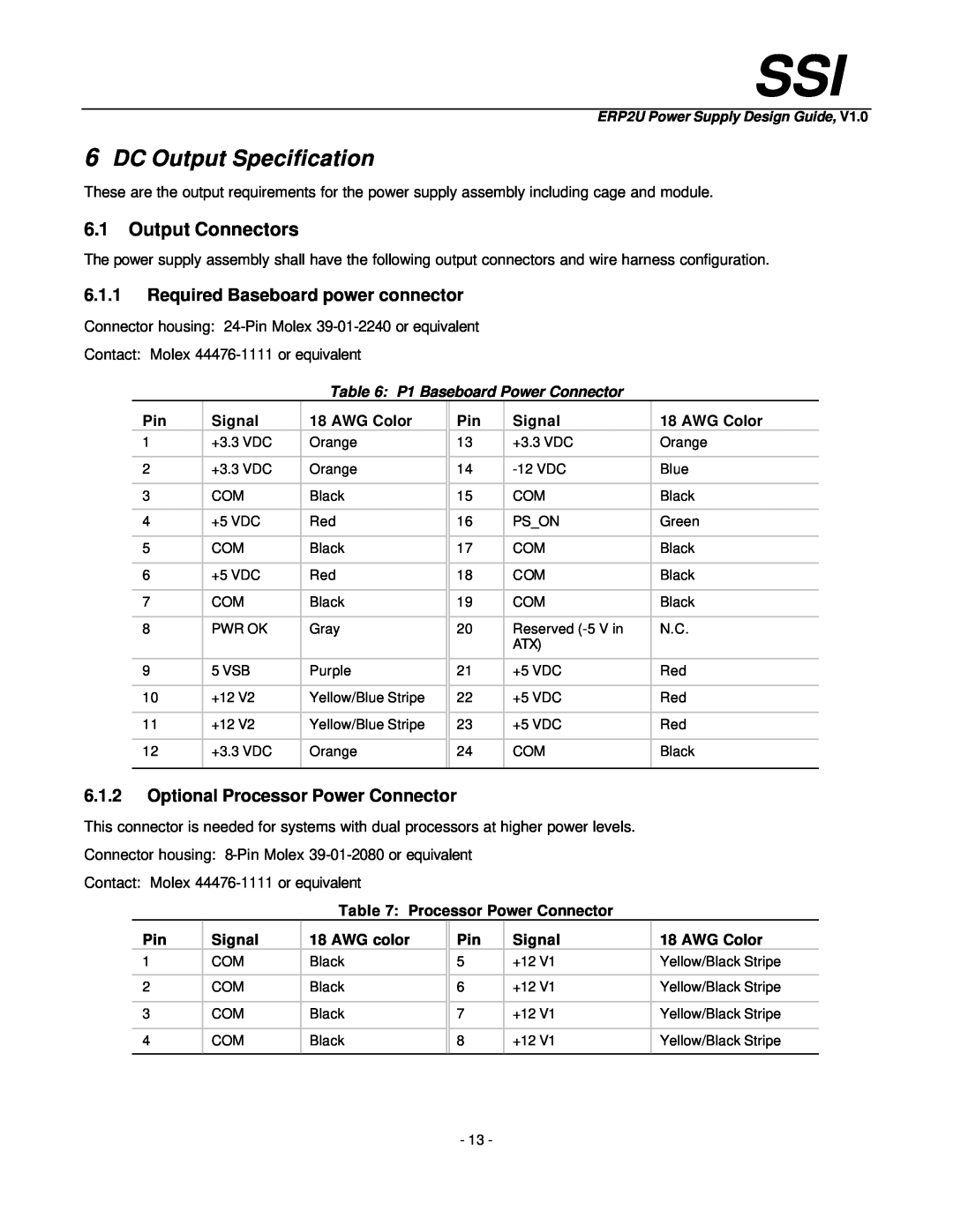 Intel ERP2U manual DC Output Specification, Output Connectors, Required Baseboard power connector 