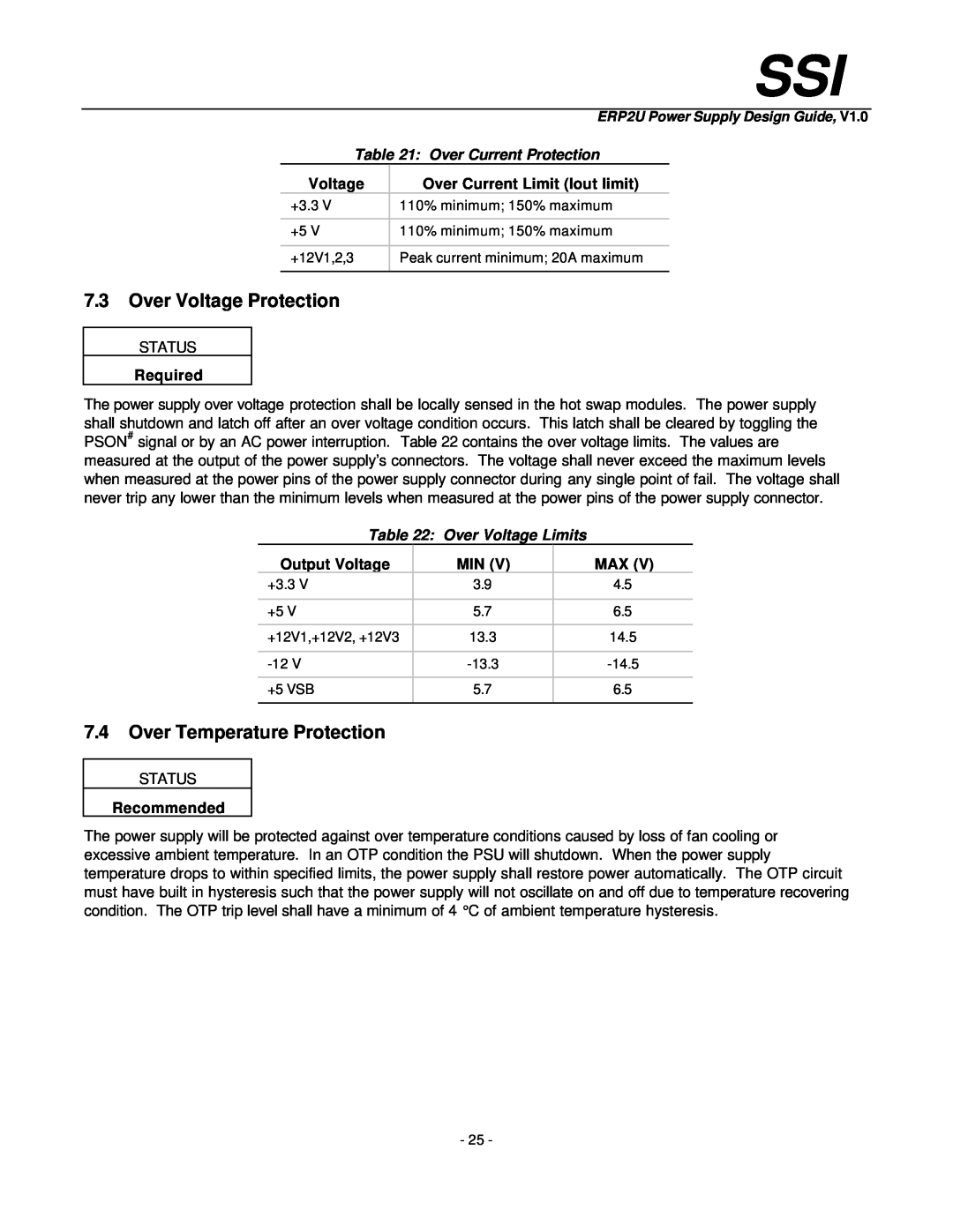 Intel ERP2U manual Over Voltage Protection, Over Temperature Protection, Over Current Protection, Over Voltage Limits 