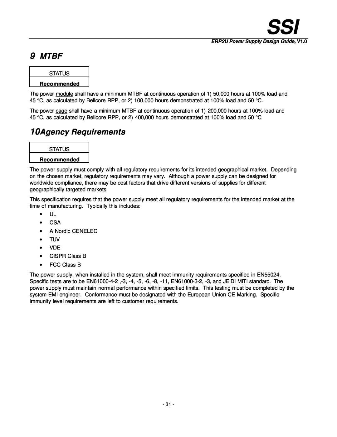 Intel ERP2U manual Mtbf, 10Agency Requirements 