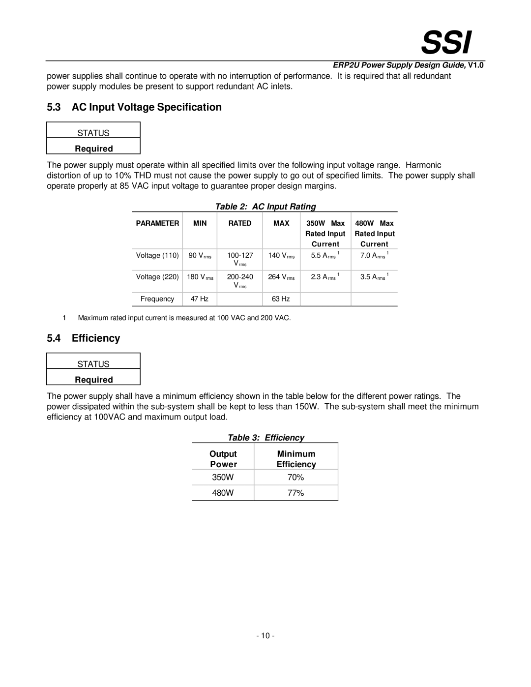 Intel ERP2U manual AC Input Voltage Specification, AC Input Rating, Output Minimum Power Efficiency 