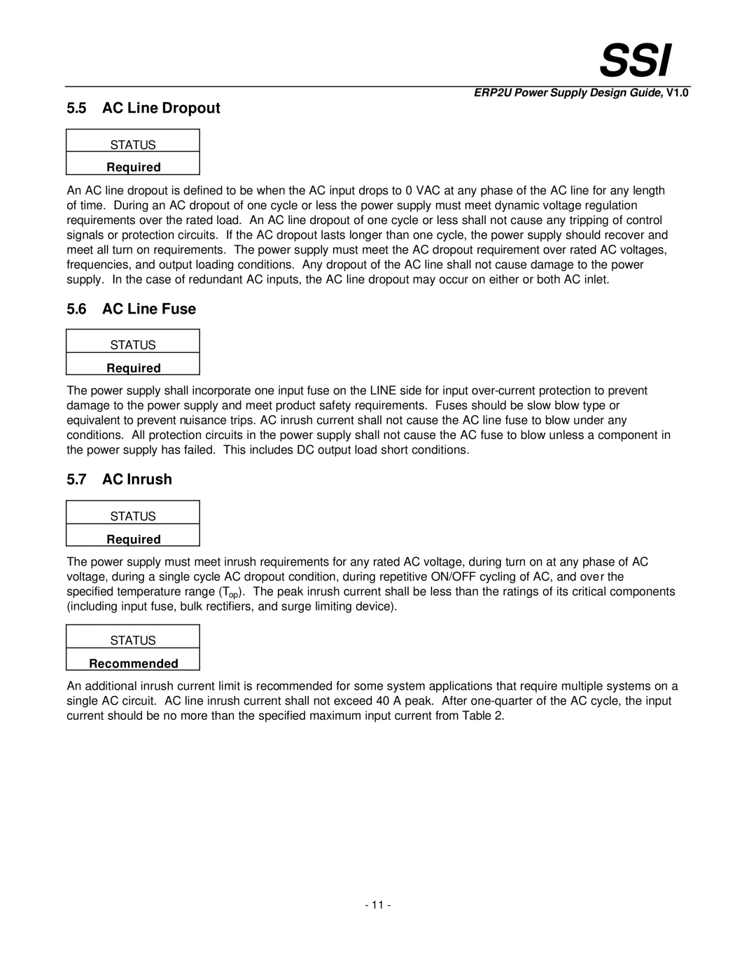 Intel ERP2U manual AC Line Dropout, AC Line Fuse, AC Inrush 