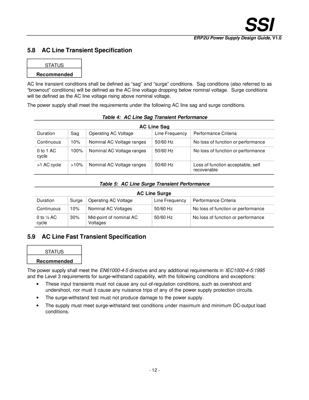 Intel ERP2U manual AC Line Transient Specification, AC Line Fast Transient Specification, AC Line Sag Transient Performance 