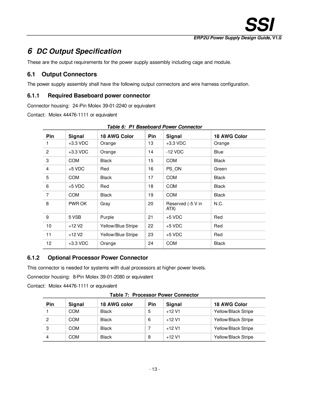 Intel ERP2U DC Output Specification, Output Connectors, Required Baseboard power connector, P1 Baseboard Power Connector 