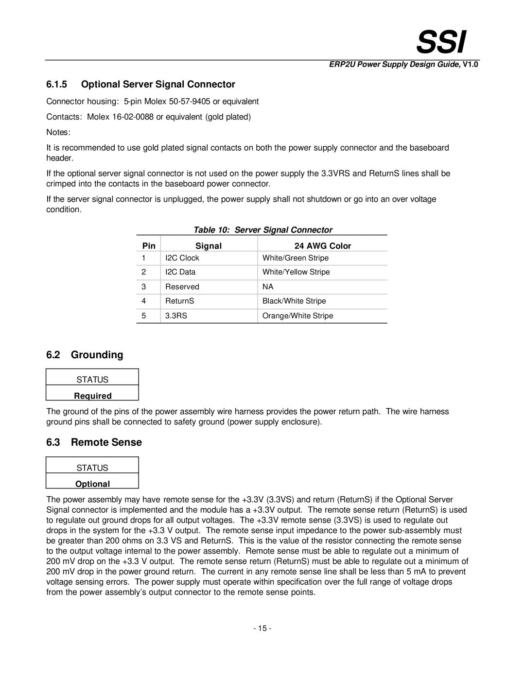 Intel ERP2U manual Grounding, Remote Sense, Optional Server Signal Connector 