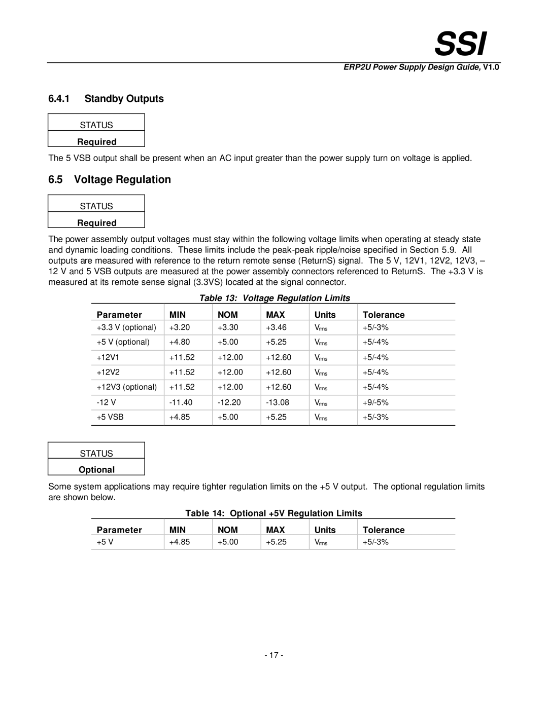 Intel ERP2U manual Standby Outputs, Voltage Regulation Limits 