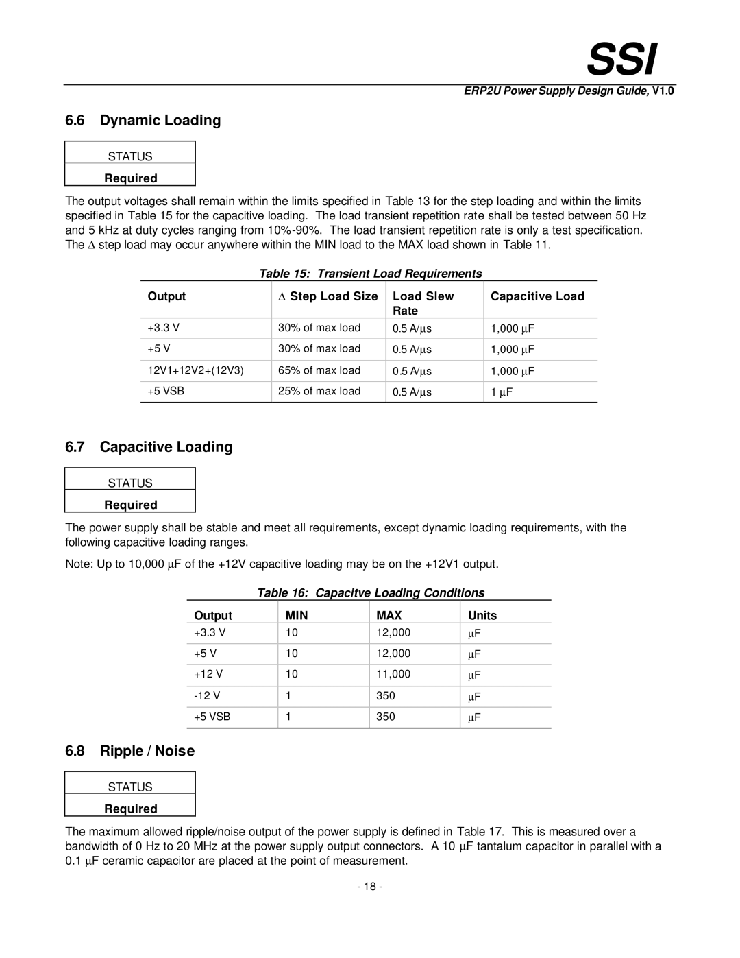 Intel ERP2U Dynamic Loading, Capacitive Loading, Ripple / Noise, Transient Load Requirements, Capacitve Loading Conditions 