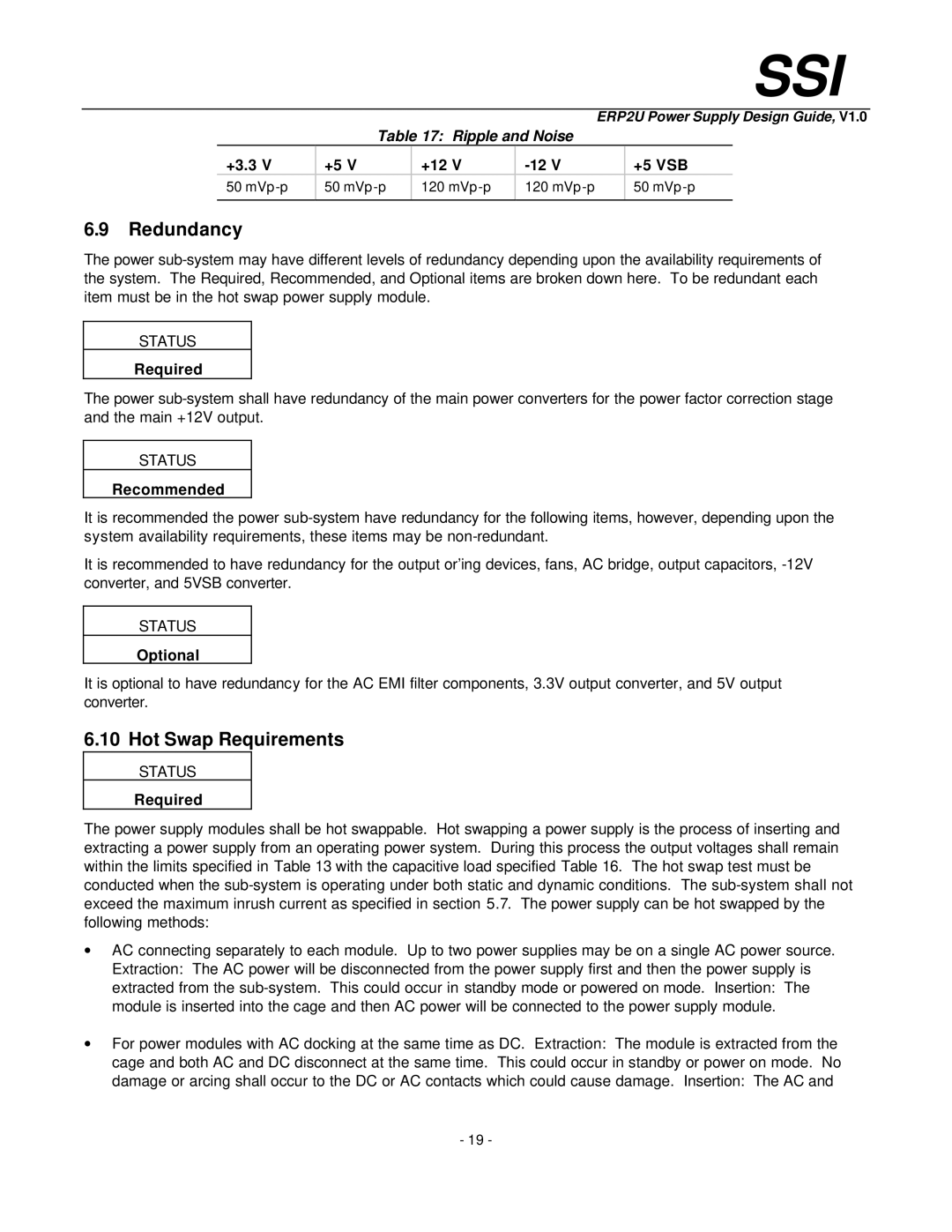 Intel ERP2U manual Redundancy, Hot Swap Requirements, Ripple and Noise, +3.3 +12 +5 VSB 