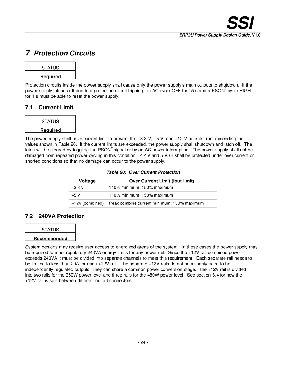 Intel ERP2U manual Protection Circuits, Current Limit, 240VA Protection, Over Current Protection 