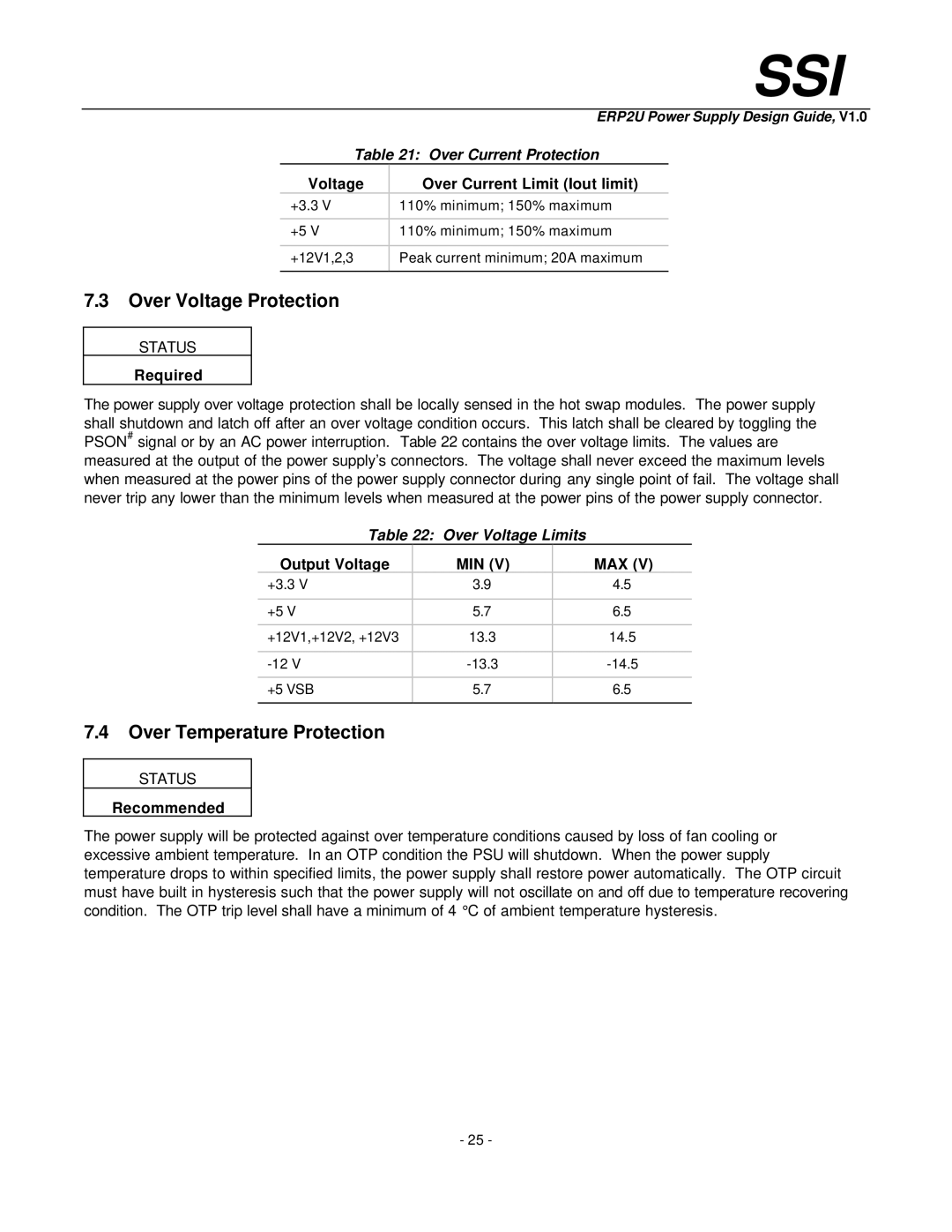 Intel ERP2U manual Over Voltage Protection, Over Temperature Protection, Over Voltage Limits, Output Voltage 